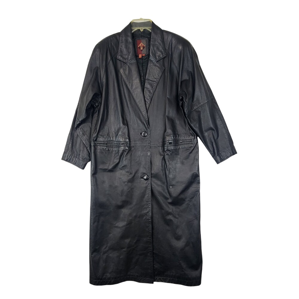 Vintage G-III Trench Coat Womens Medium Black Genuine Leather Classic Style